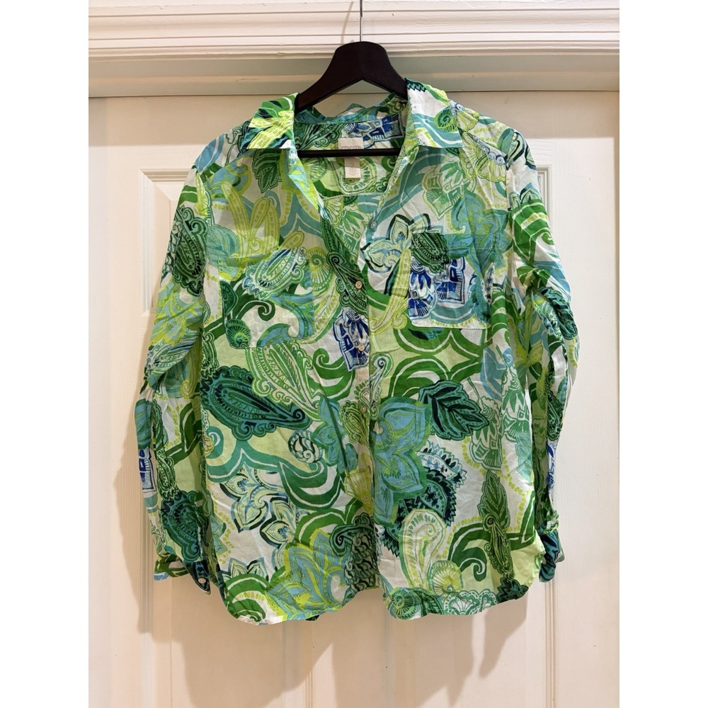 Chico's Green Blue Floral Paisley Button-Down Shirt Blouse Size 2 Large